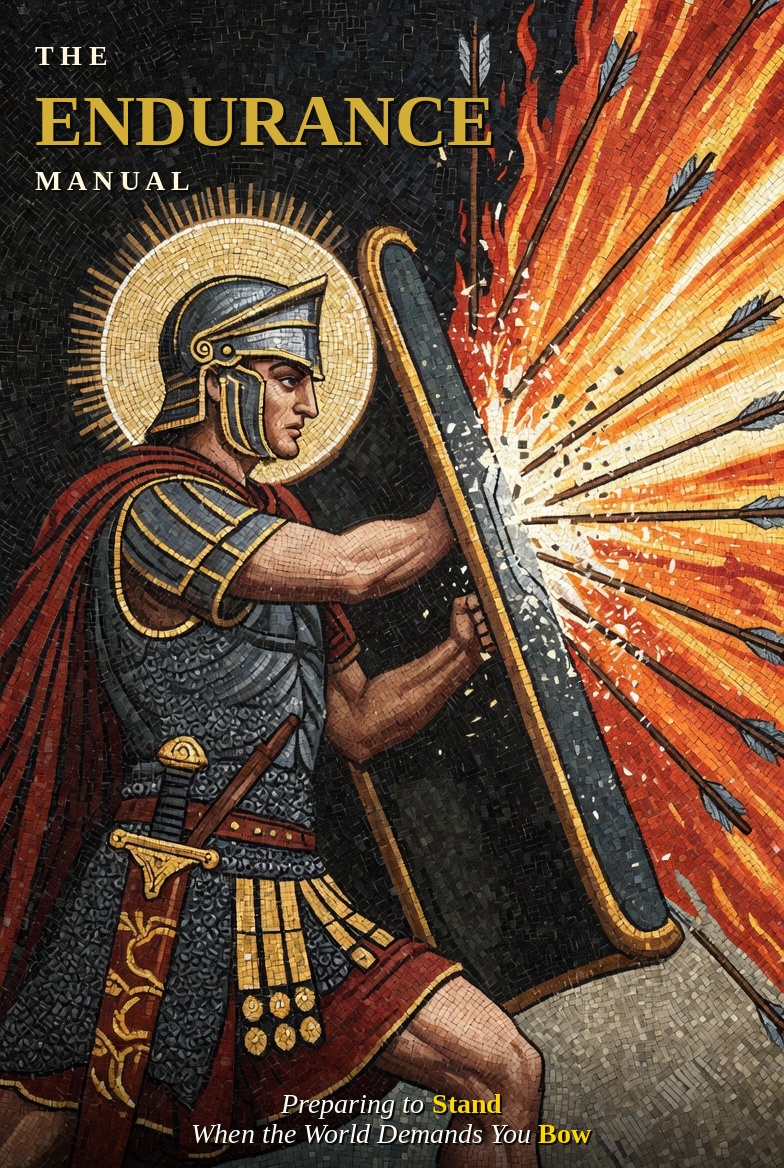 The Endurance Manual — Byzantine mosaic of a Roman soldier bearing a shield against a barrage of flaming arrows